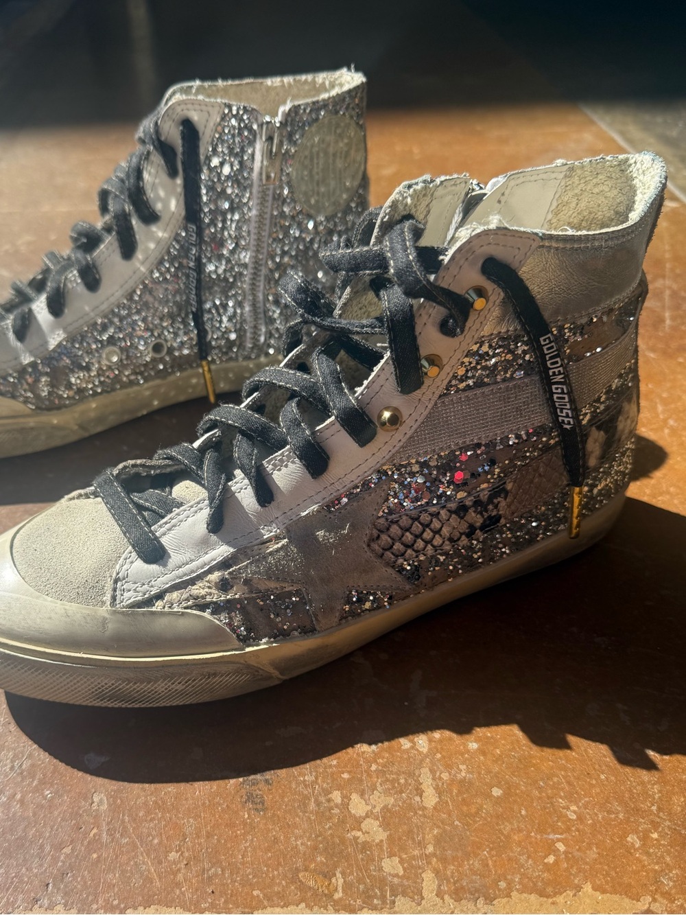 Golden Goose Metallic Silver Glitter High-Top Sneakers size 38